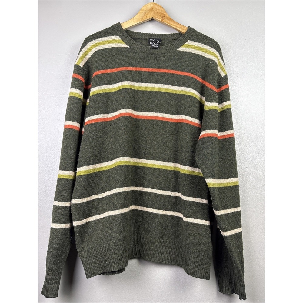 Jos. A Bank Size Large Lambs Wool Long Sleeve Sweater Green Striped Preppy